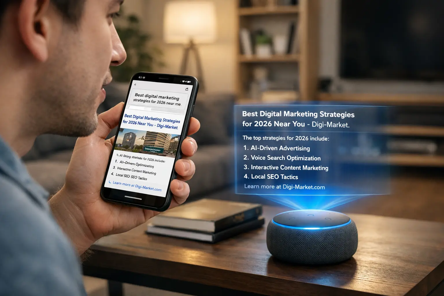 אישה משתמשת בחיפוש קולי בסמארטפון וברמקול חכם, עם גרף המראה עלייה בשימוש בשאילתות שפה טבעית ב-Digi-Market.