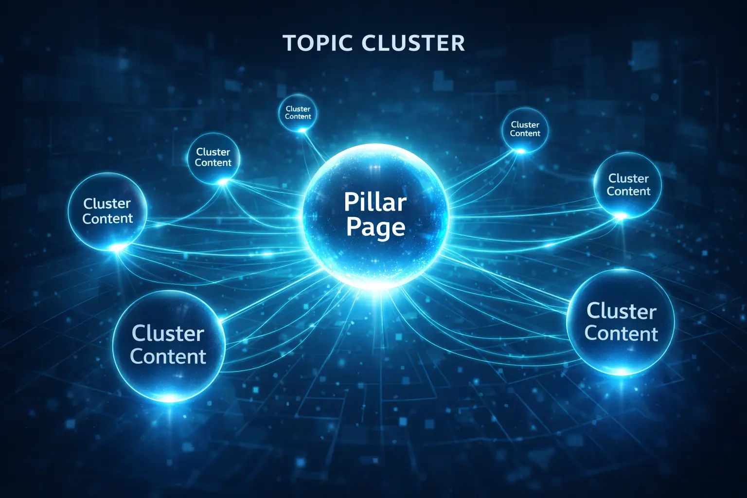 תרשים ויזואלי של אשכול תוכן (Topic Cluster) המראה עמוד ליבה מרכזי המחובר למאמרי משנה בשיטת ה-SEO הסמנטי של Digi-Market.
