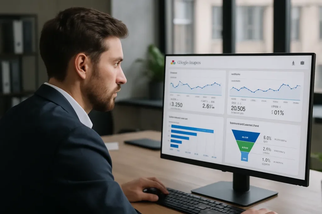 אנליסט שיווקי מנתח דוחות ונתוני תנועה ב-Google Analytics על מסך מחשב במשרד