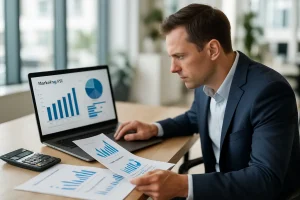 אנליסט עסקי מנתח גרפים של החזר השקעה ROI בשיווק דיגיטלי על מחשב נייד