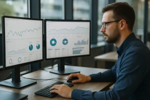 אנליסט קידום אתרים בוחן גרפים ונתוני SEO על מסך מחשב במשרד מודרני